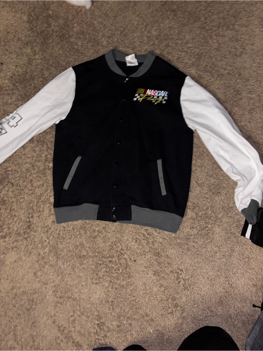 SHEIN Black Varsity Jacket with White Sleeves